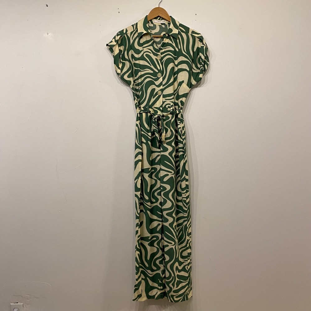 Mango Green Psychedelic Swirl Print Wide Leg Retro Maximalist Jumpsuit Small